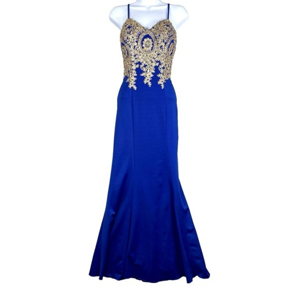 Maxi Dress Womens XS Royal Blue Gold Brocade HOCO Prom Formal Statement Dopamine